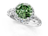 White gold Fancy Green Round Cut Halo Diamond Solitaire with Filigree Band and Four-Prong Setting_1