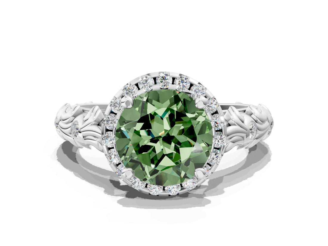 White gold Fancy Green Round Cut Halo Diamond Solitaire with Filigree Band and Four-Prong Setting