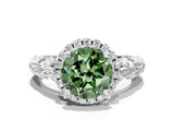 White gold Fancy Green Round Cut Halo Diamond Solitaire with Filigree Band and Four-Prong Setting