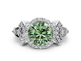 White gold Fancy Green Round Cut Halo Diamond Split Shank Engagement Ring with Four-Prong Setting