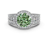 White gold Fancy Green Round Cut Halo Diamond Split Shank Ring with Prong Setting