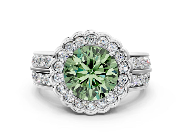 White gold Fancy Green Round Cut Halo Diamond Split Shank Ring with Scalloped Prong Setting