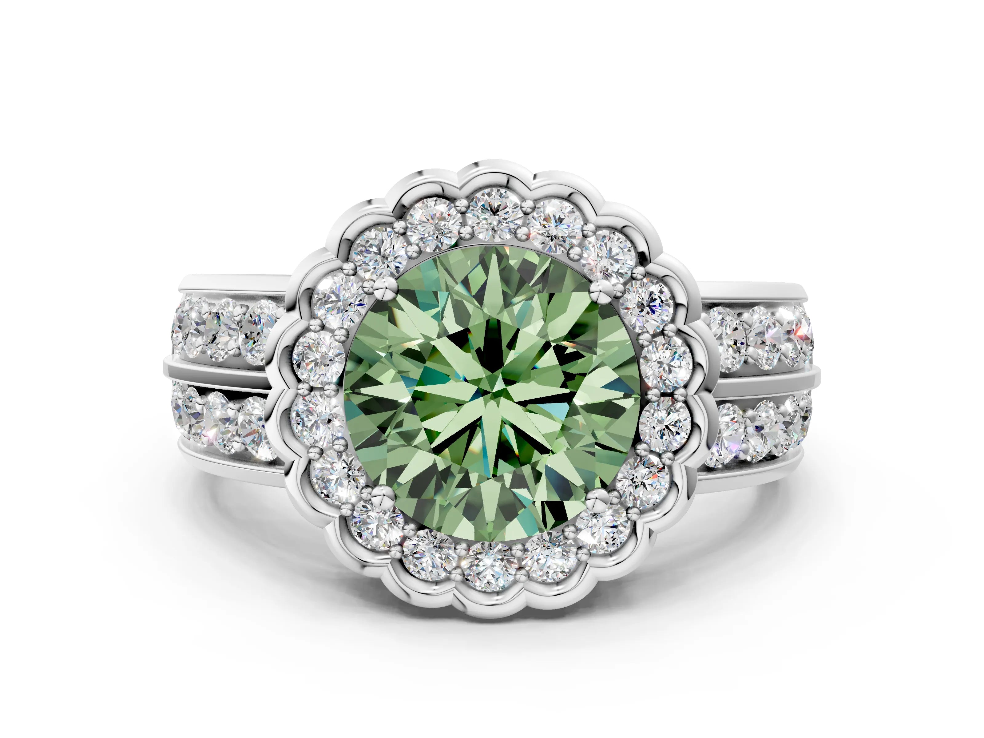 White gold Fancy Green Round Cut Halo Diamond Split Shank Ring with Scalloped Prong Setting_12
