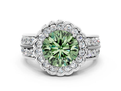 White gold Fancy Green Round Cut Halo Diamond Split Shank Ring with Scalloped Prong Setting_12