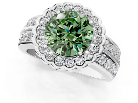 White gold Fancy Green Round Cut Halo Diamond Split Shank Ring with Scalloped Prong Setting_13