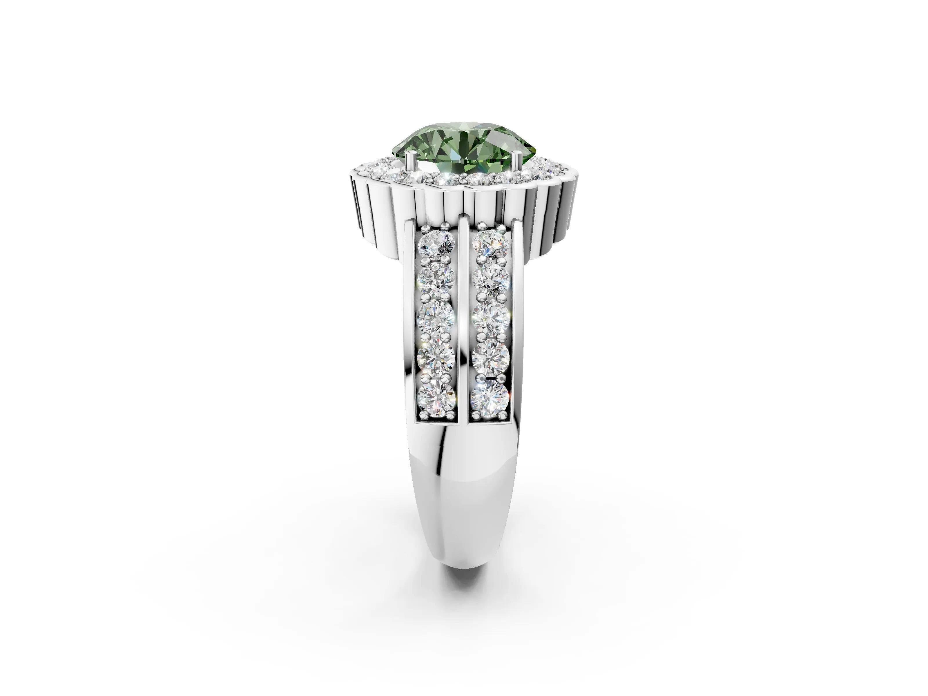 White gold Fancy Green Round Cut Halo Diamond Split Shank Ring with Scalloped Prong Setting_14