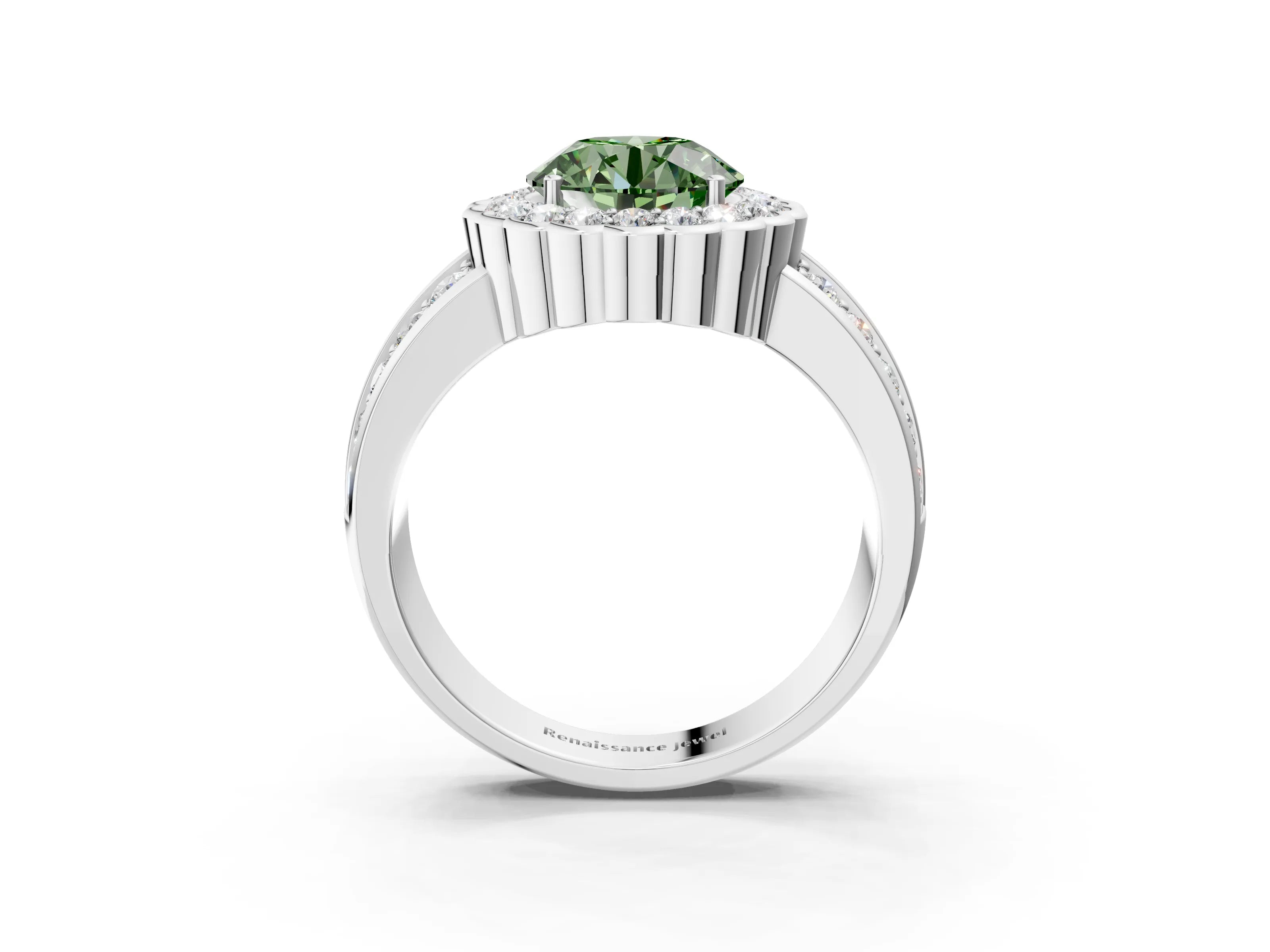 White gold Fancy Green Round Cut Halo Diamond Split Shank Ring with Scalloped Prong Setting_15