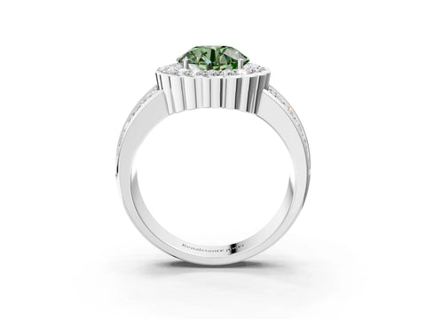 White gold Fancy Green Round Cut Halo Diamond Split Shank Ring with Scalloped Prong Setting_15