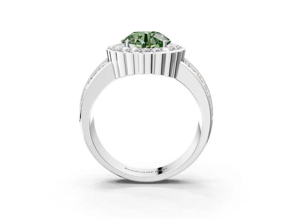 White gold Fancy Green Round Cut Halo Diamond Split Shank Ring with Scalloped Prong Setting