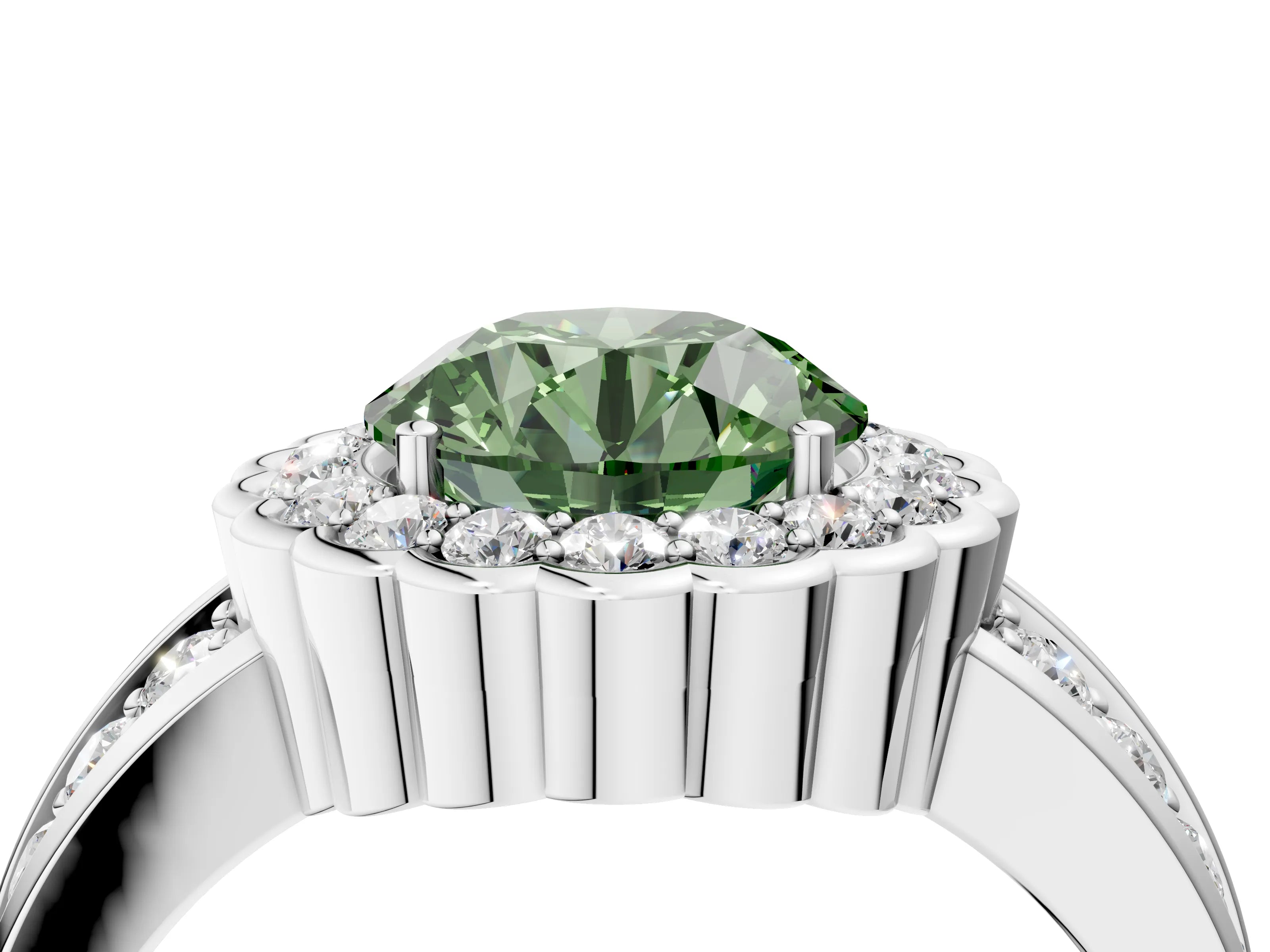 White gold Fancy Green Round Cut Halo Diamond Split Shank Ring with Scalloped Prong Setting_16
