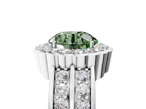 White gold Fancy Green Round Cut Halo Diamond Split Shank Ring with Scalloped Prong Setting_17