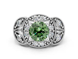 White gold Fancy Green Round Cut Halo Milgrain Diamond Engagement Ring with Leaf Band and Four-Prong Setting