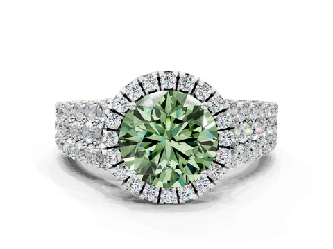 White gold Fancy Green Round Cut Halo Pavé Diamond Engagement Ring with Split Shank and Four-Prong Setting_3