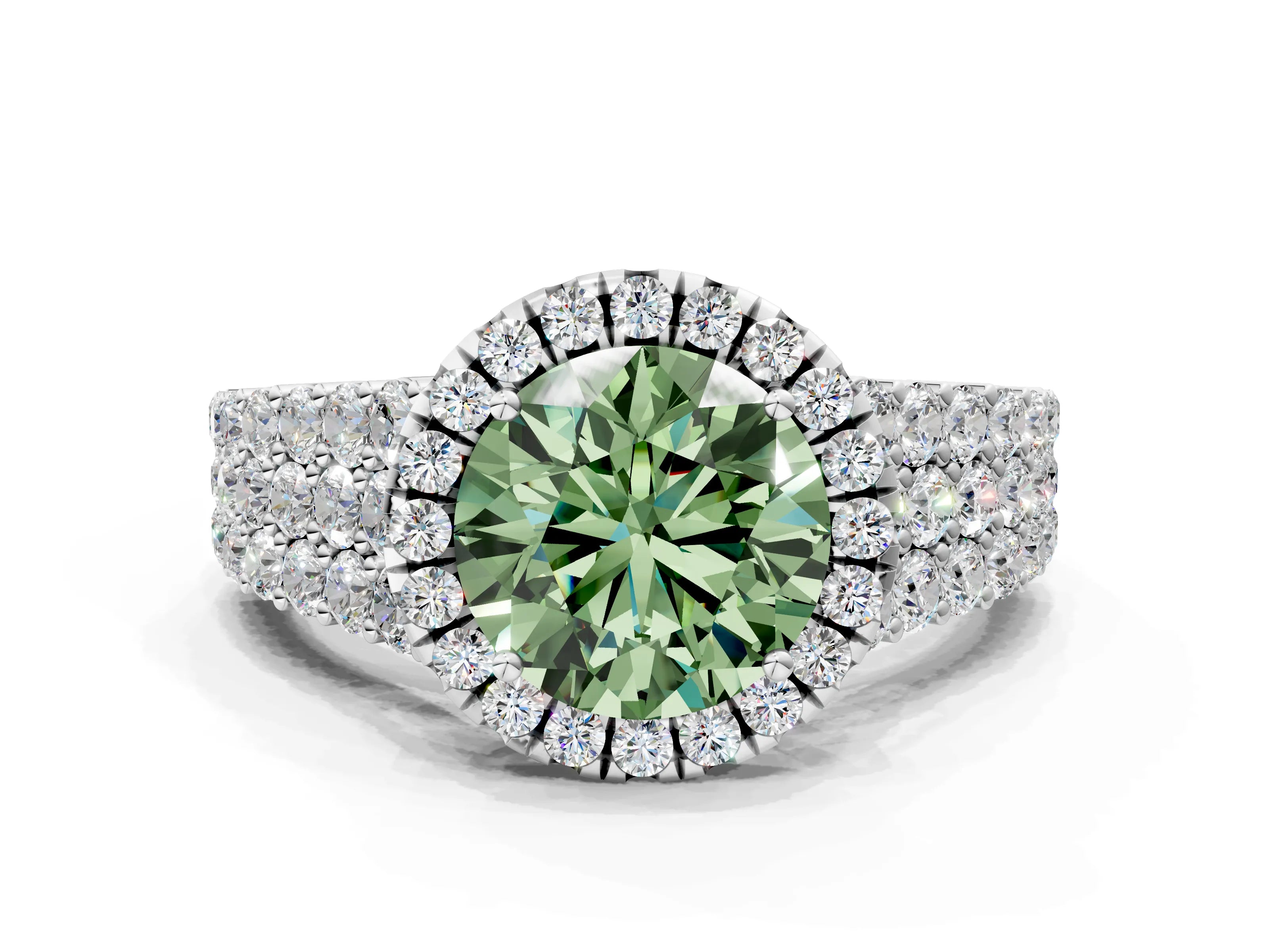 White gold Fancy Green Round Cut Halo Pavé Diamond Engagement Ring with Split Shank and Four-Prong Setting_3