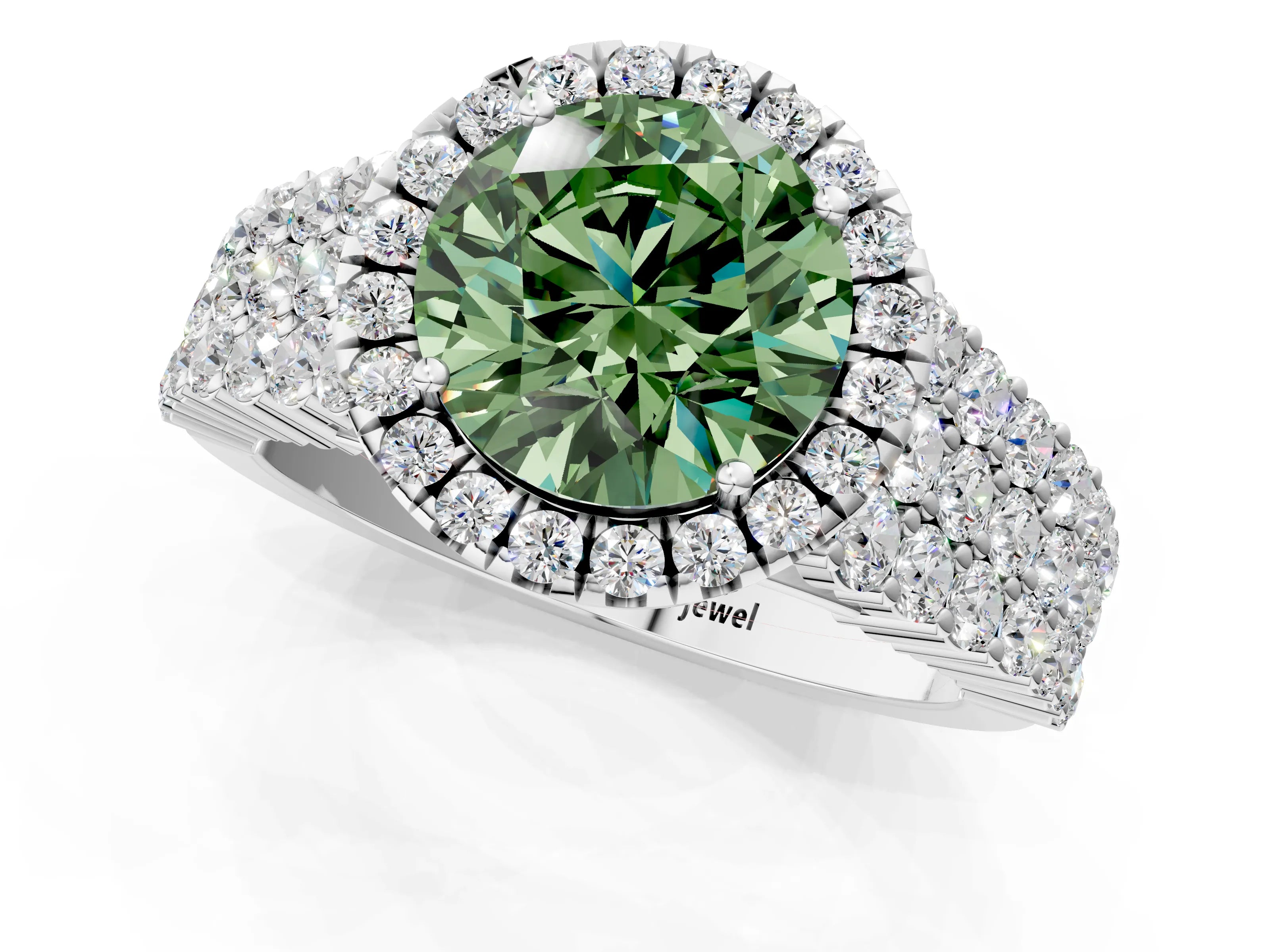 White gold Fancy Green Round Cut Halo Pavé Diamond Engagement Ring with Split Shank and Four-Prong Setting_4