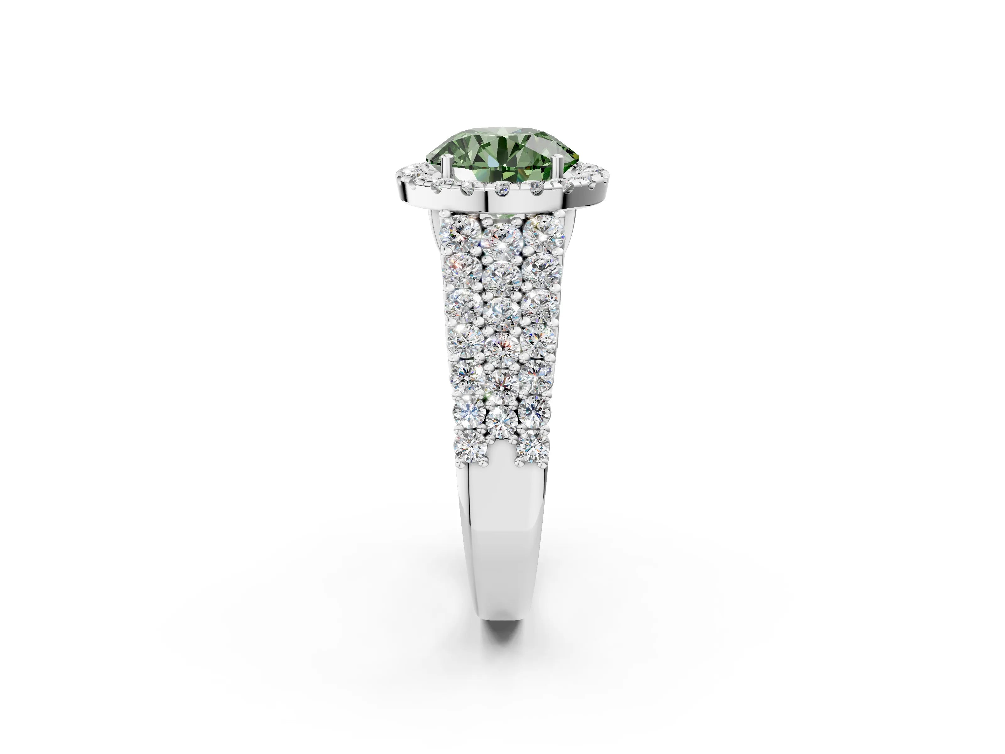 White gold Fancy Green Round Cut Halo Pavé Diamond Engagement Ring with Split Shank and Four-Prong Setting_5