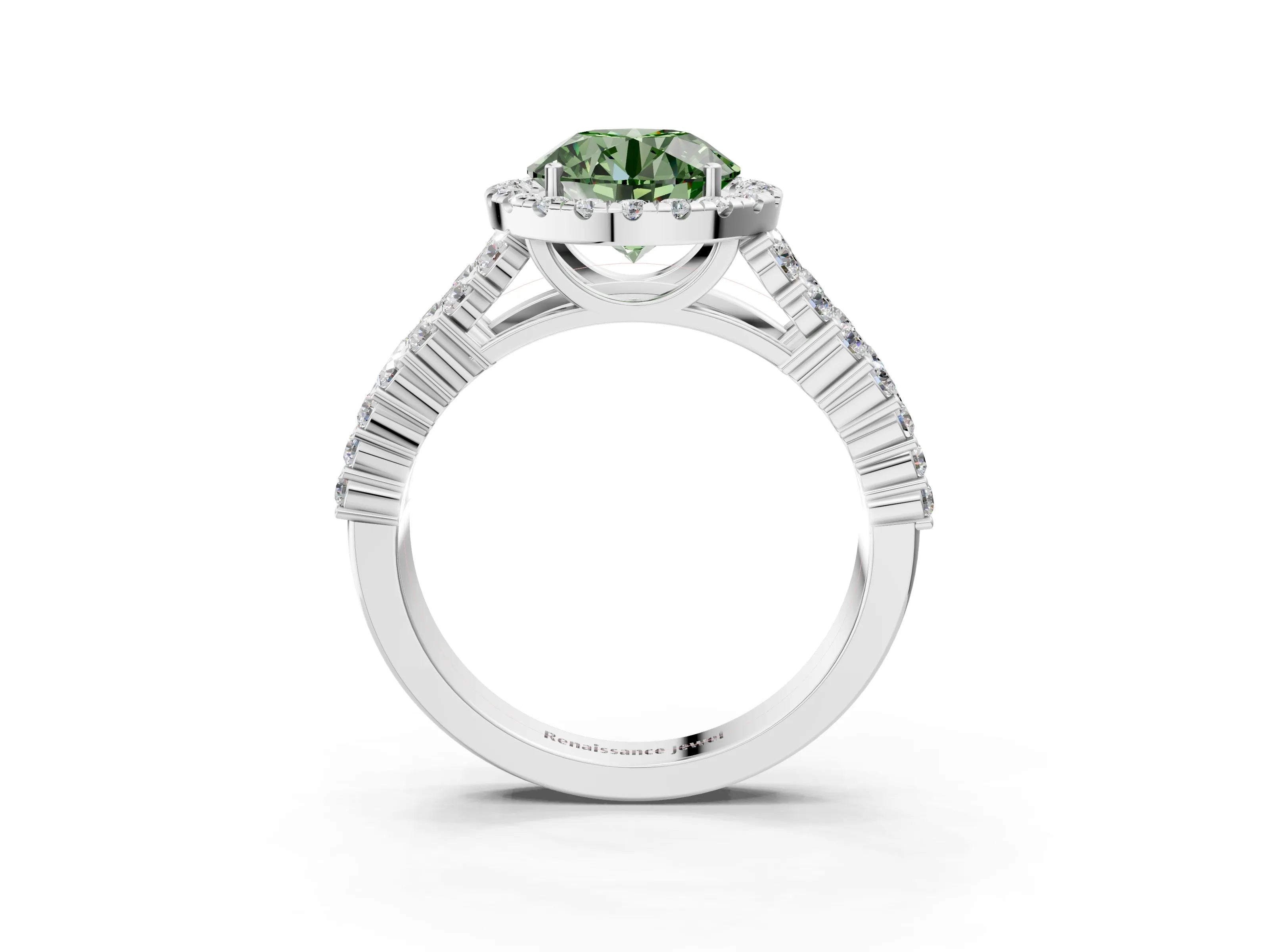 White gold Fancy Green Round Cut Halo Pavé Diamond Engagement Ring with Split Shank and Four-Prong Setting_6