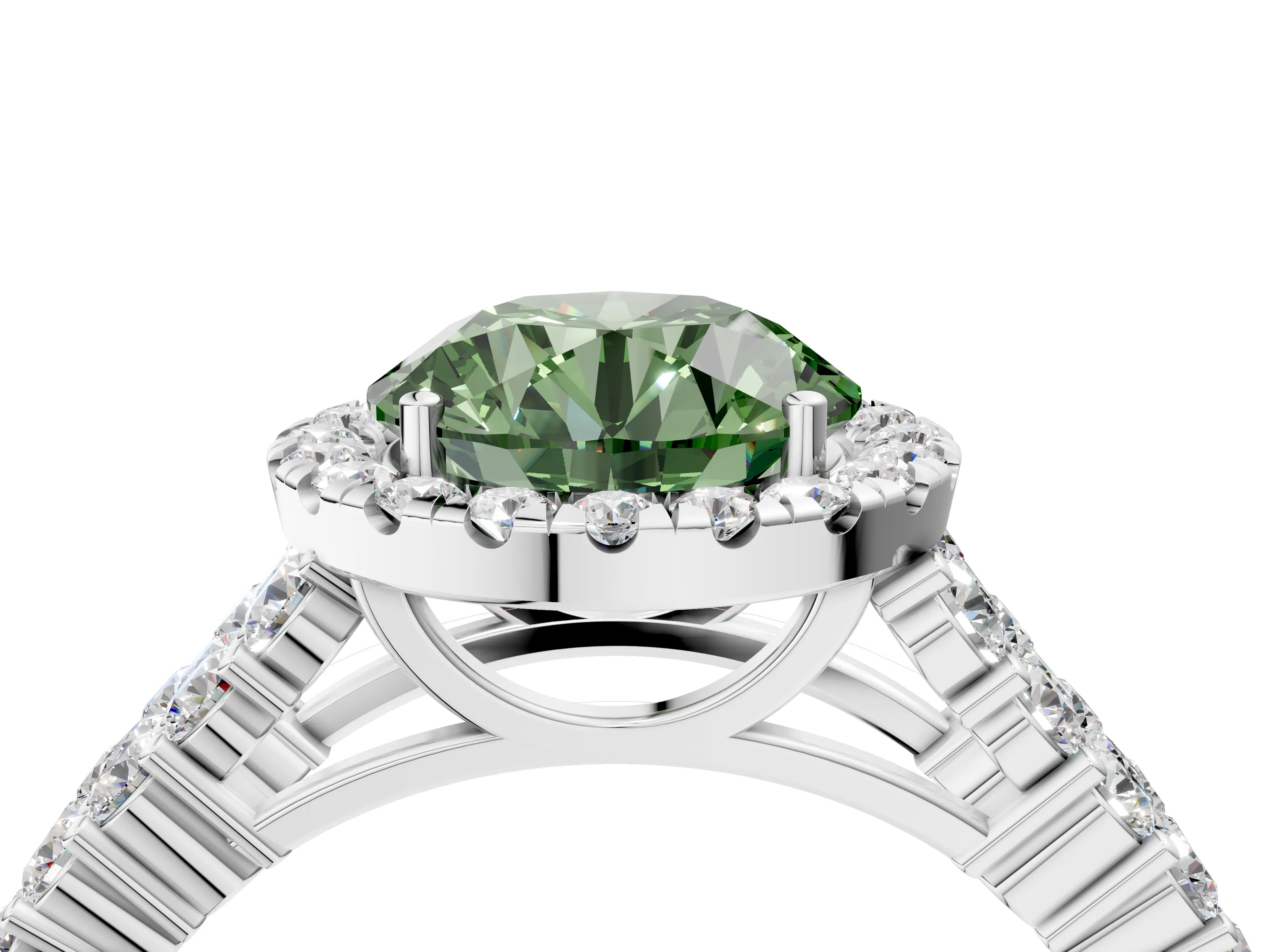 White gold Fancy Green Round Cut Halo Pavé Diamond Engagement Ring with Split Shank and Four-Prong Setting_7