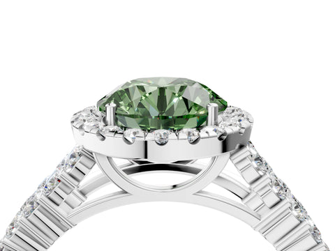 White gold Fancy Green Round Cut Halo Pavé Diamond Engagement Ring with Split Shank and Four-Prong Setting_7