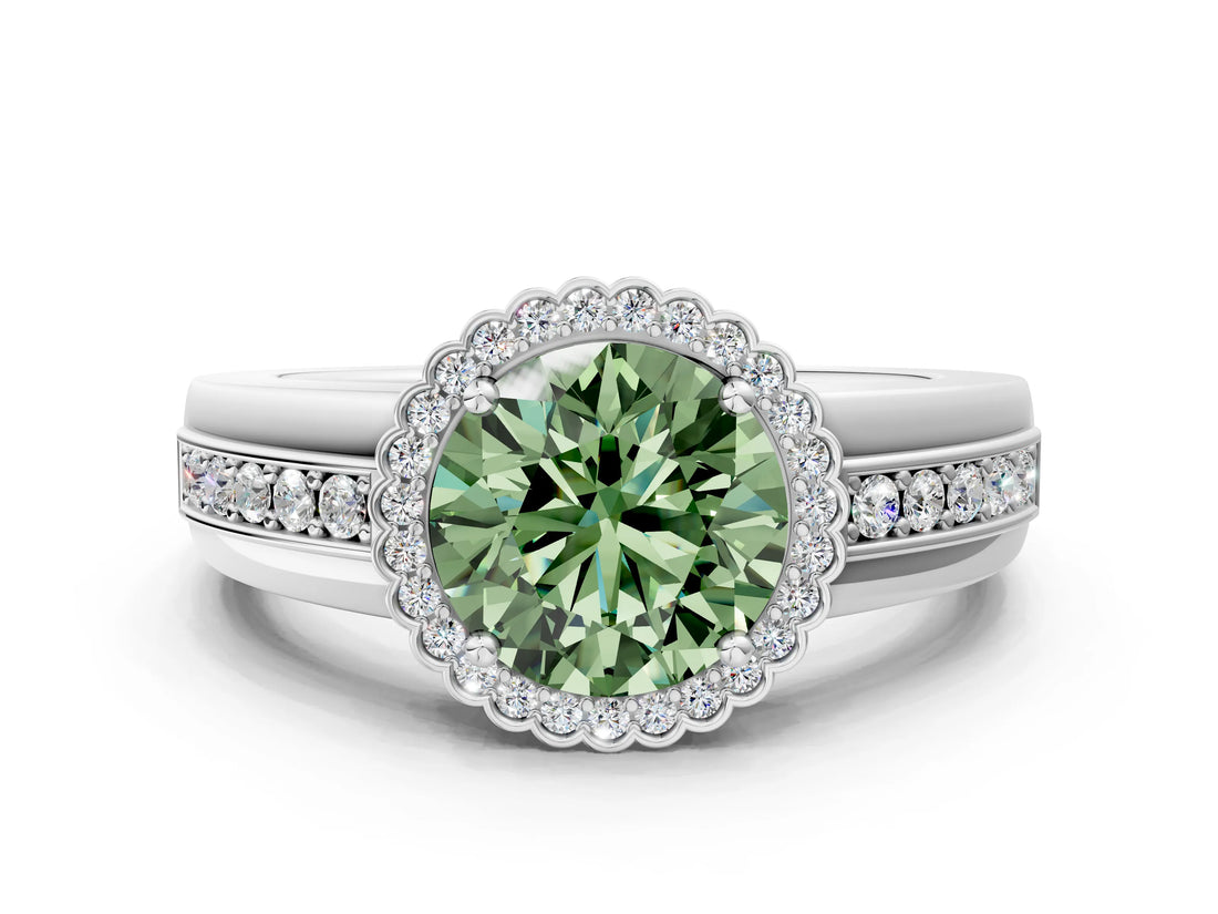 White gold Fancy Green Round  Cut Halo Pave Band Four-Prong Ring_49