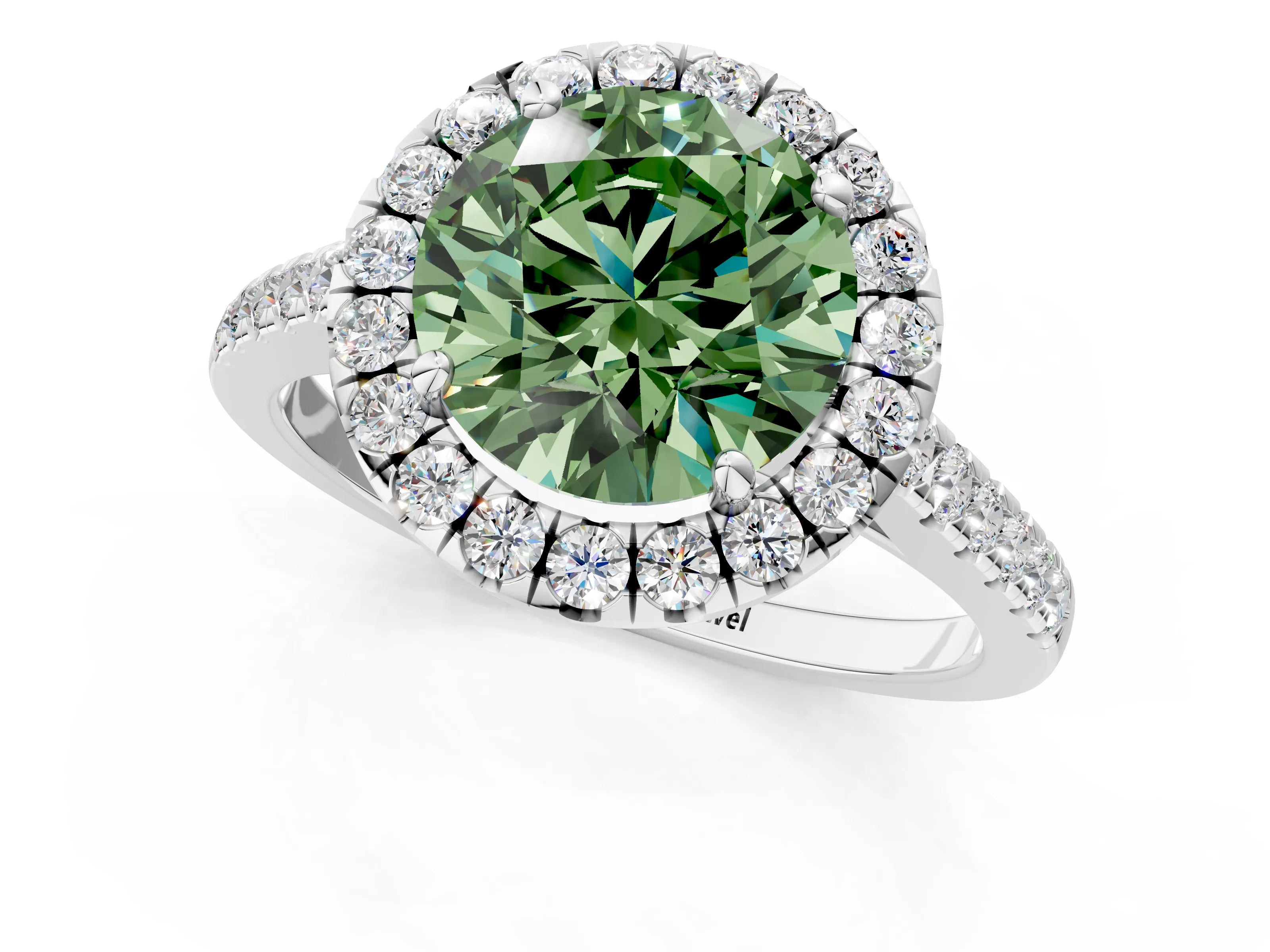 White gold Fancy Green Round Cut Halo Pave Diamond Engagement Ring with Four-Prong Setting_1