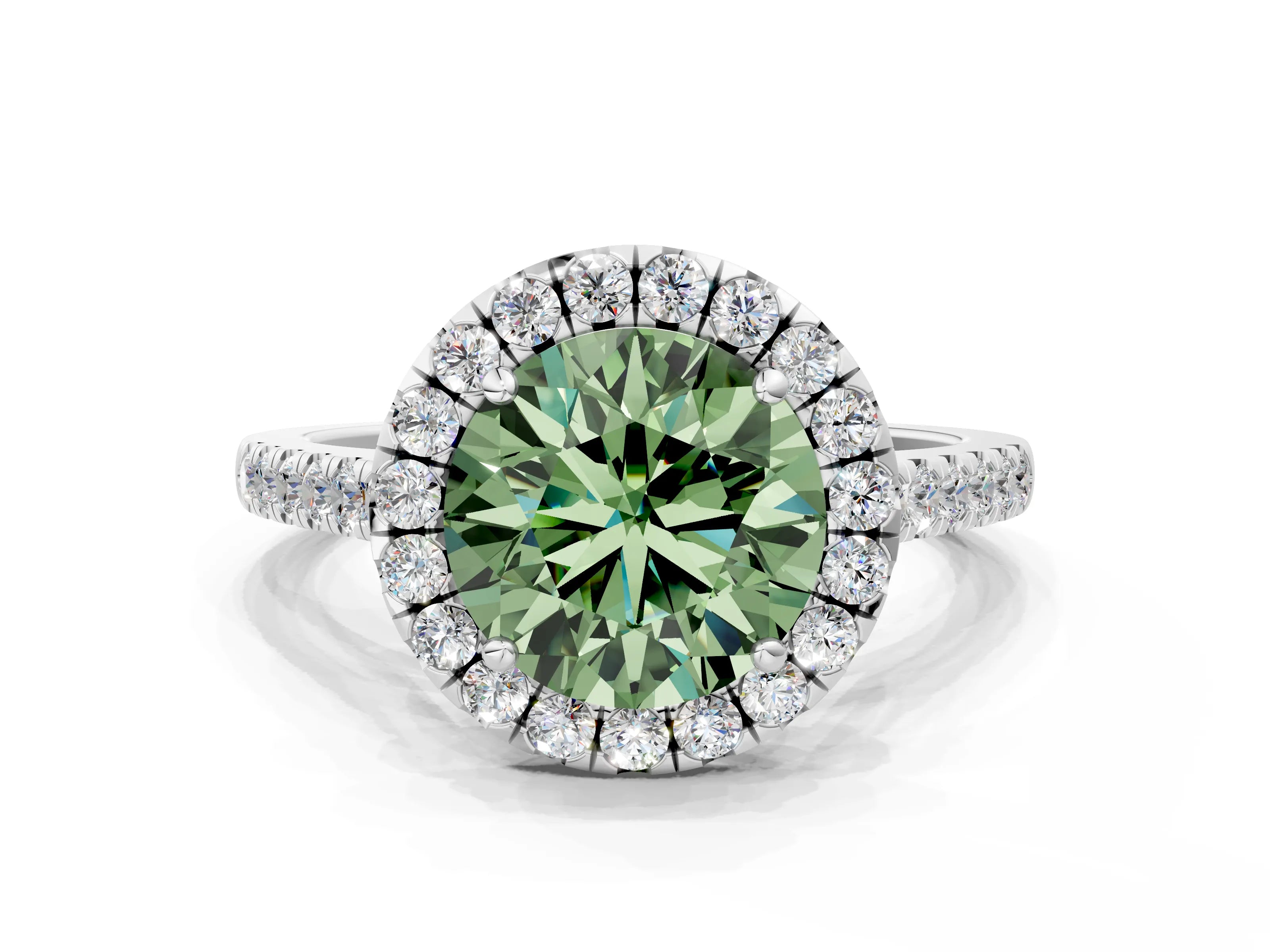 White gold Fancy Green Round Cut Halo Pave Diamond Engagement Ring with Four-Prong Setting