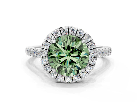 White gold Fancy Green Round Cut Halo Pave Diamond Engagement Ring with Four-Prong Setting