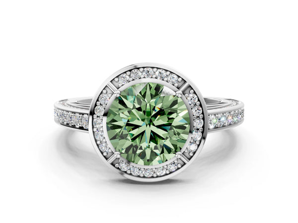 White gold Fancy Green Round  Cut Halo Pave Split Shank Prong Setting Ring
