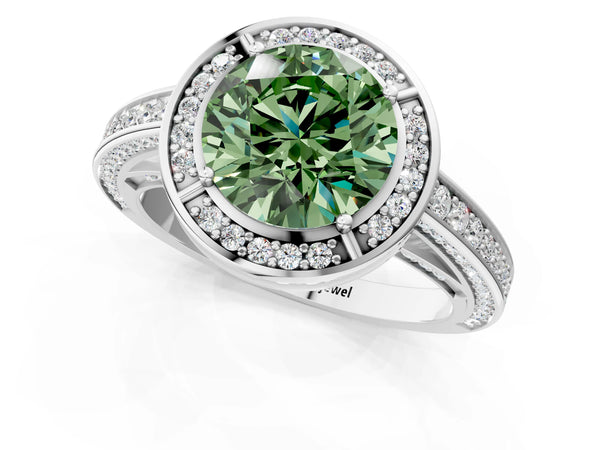White gold Fancy Green Round  Cut Halo Pave Split Shank Prong Setting Ring