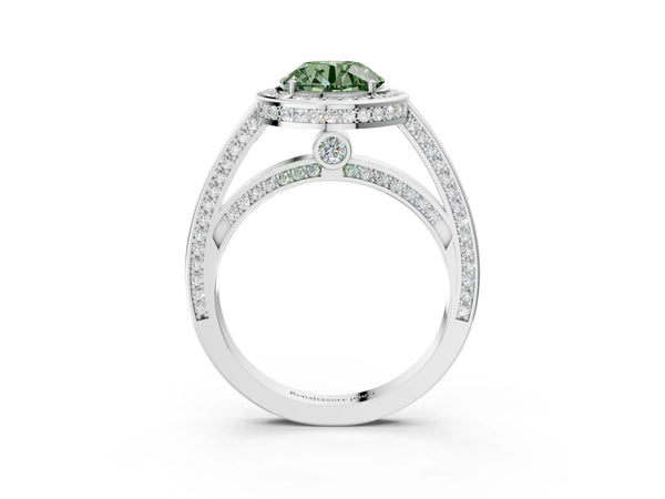 White gold Fancy Green Round  Cut Halo Pave Split Shank Prong Setting Ring