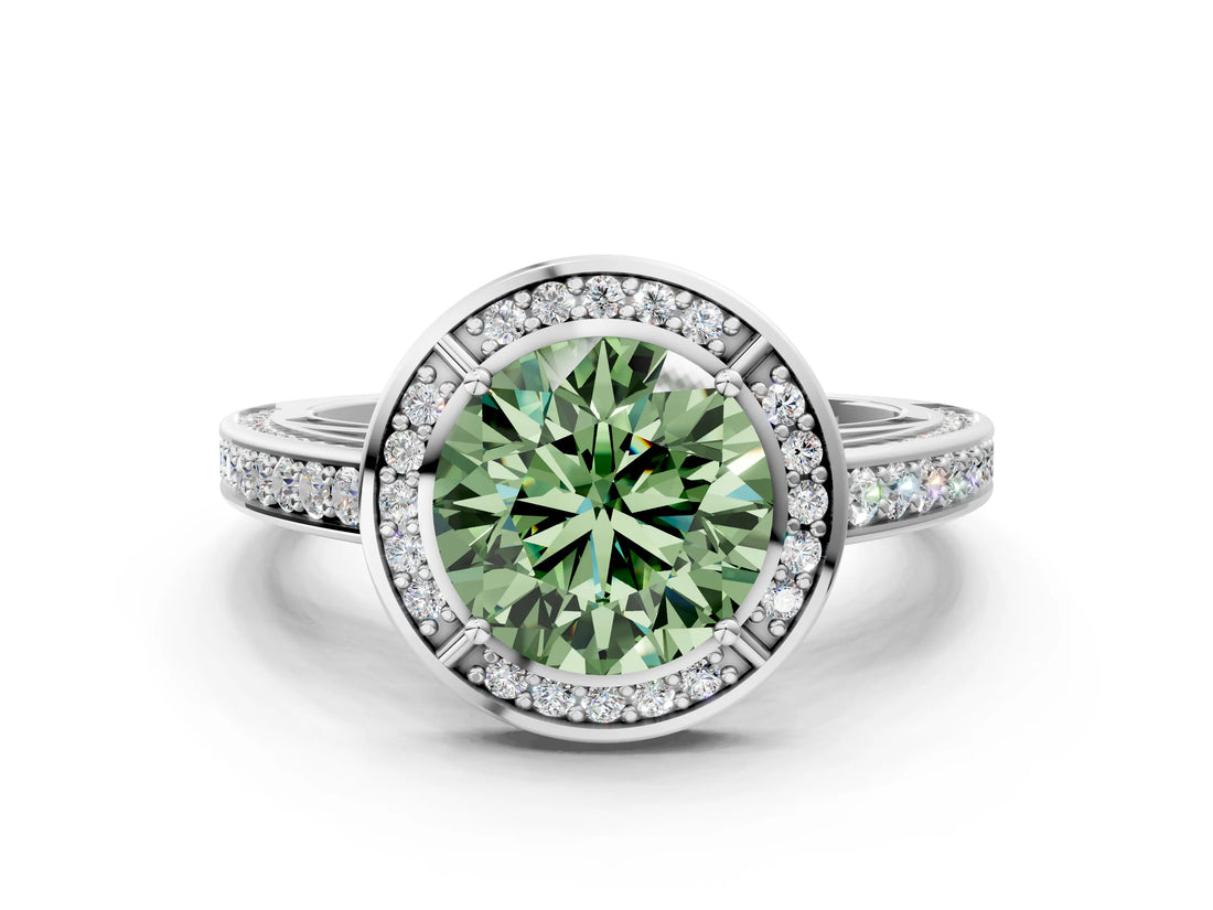White gold Fancy Green Round  Cut Halo Pave Split Shank Prong Setting Ring_56