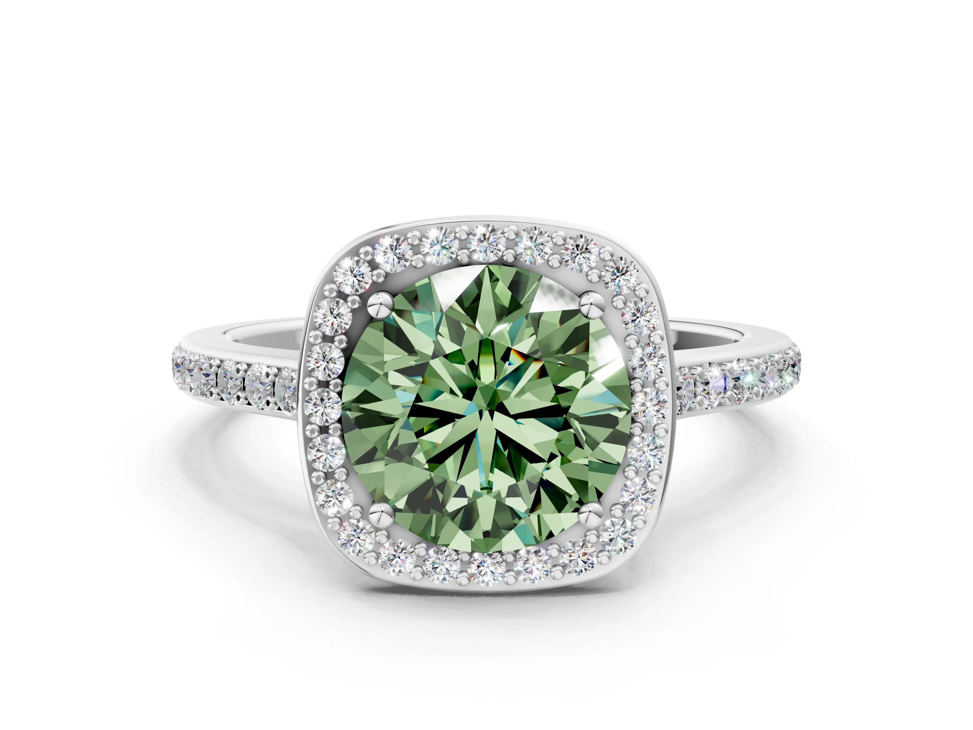 White gold Fancy Green Round Cut Halo Round Diamond Pavé Band with Four-Prong Setting_15