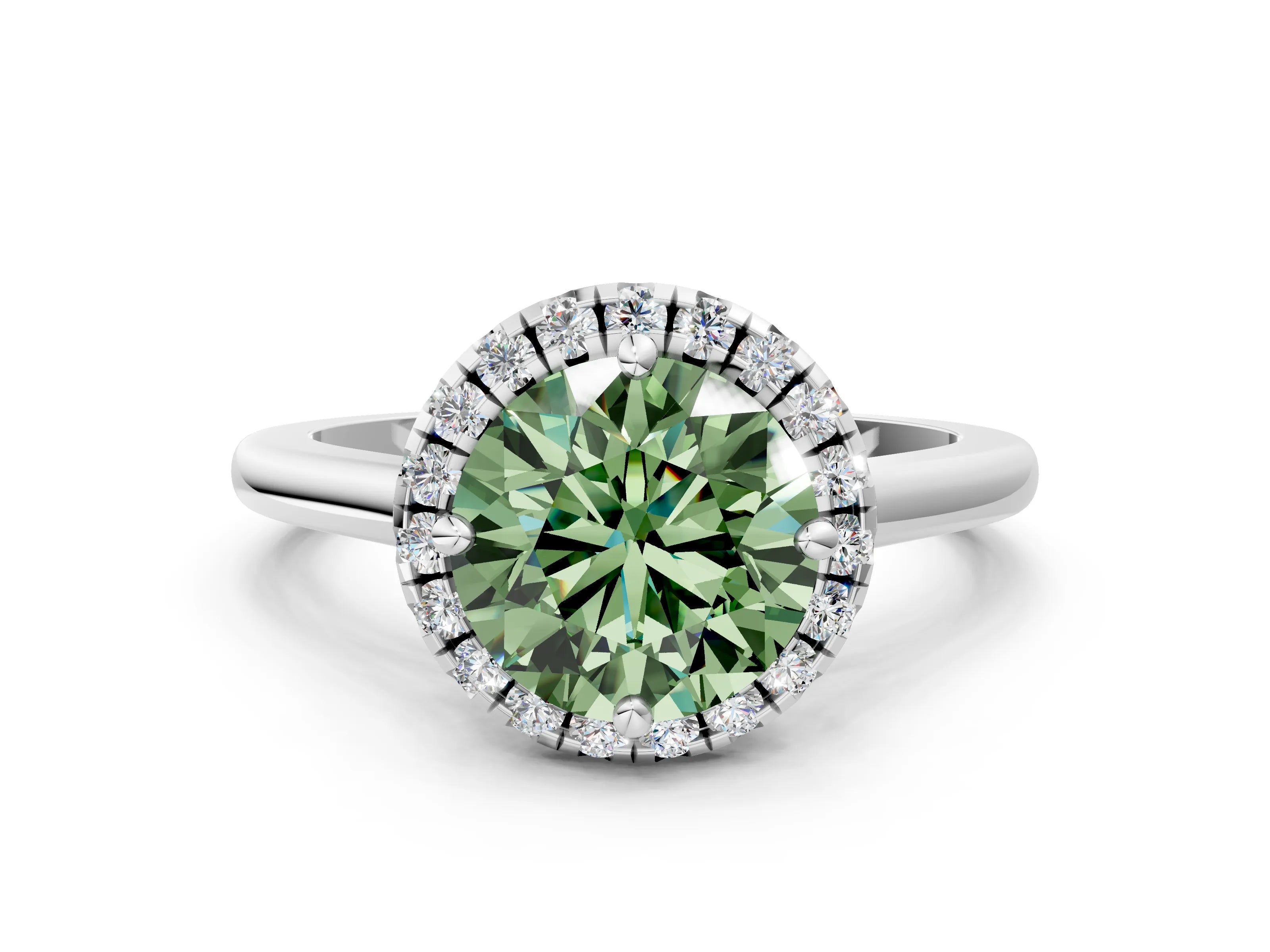 White gold Fancy Green Round Cut Halo Round Diamond Solitaire Engagement Ring with Pave Band and Four-Prong Setting_24