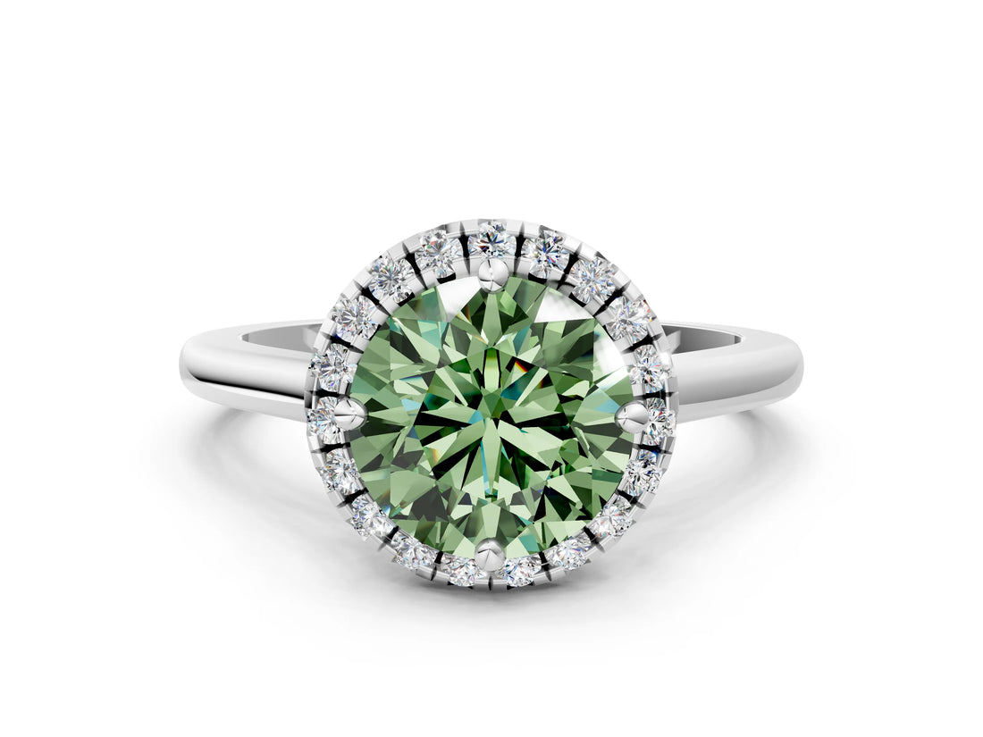 White gold Fancy Green Round Cut Halo Round Diamond Solitaire Engagement Ring with Pave Band and Four-Prong Setting_24