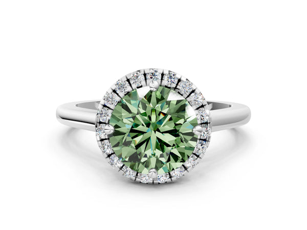 White gold Fancy Green Round Cut Halo Round Diamond Solitaire Engagement Ring with Pave Band and Four-Prong Setting