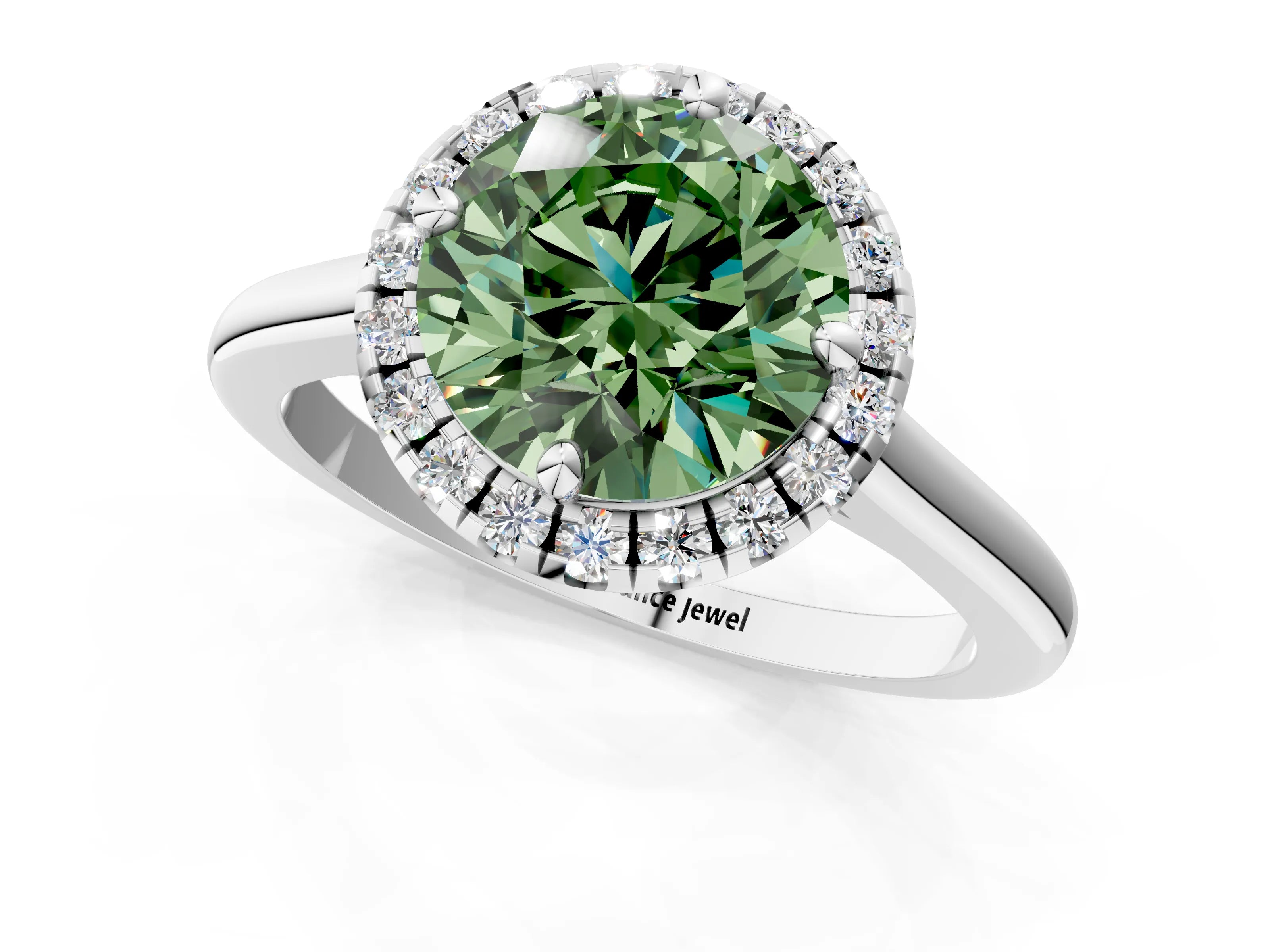 White gold Fancy Green Round Cut Halo Round Diamond Solitaire Engagement Ring with Pave Band and Four-Prong Setting_25