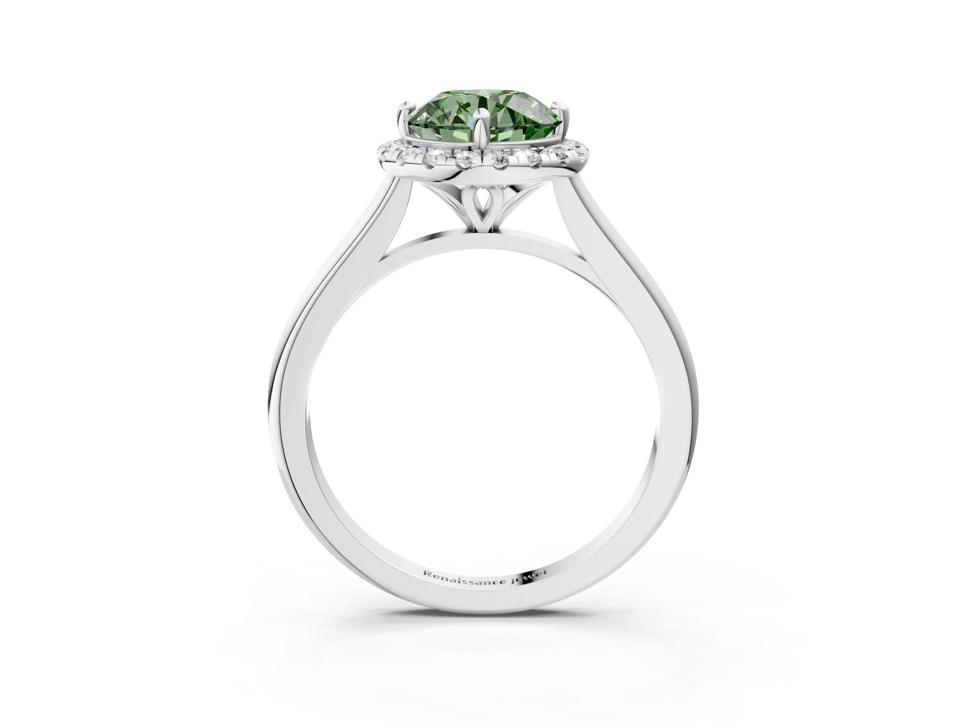 White gold Fancy Green Round Cut Halo Round Diamond Solitaire Engagement Ring with Pave Band and Four-Prong Setting_27