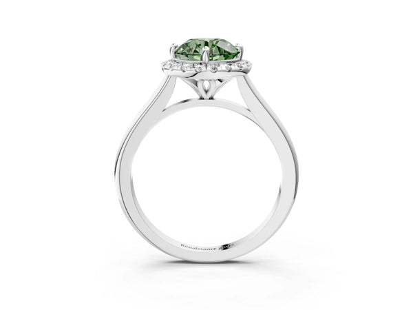 White gold Fancy Green Round Cut Halo Round Diamond Solitaire Engagement Ring with Pave Band and Four-Prong Setting