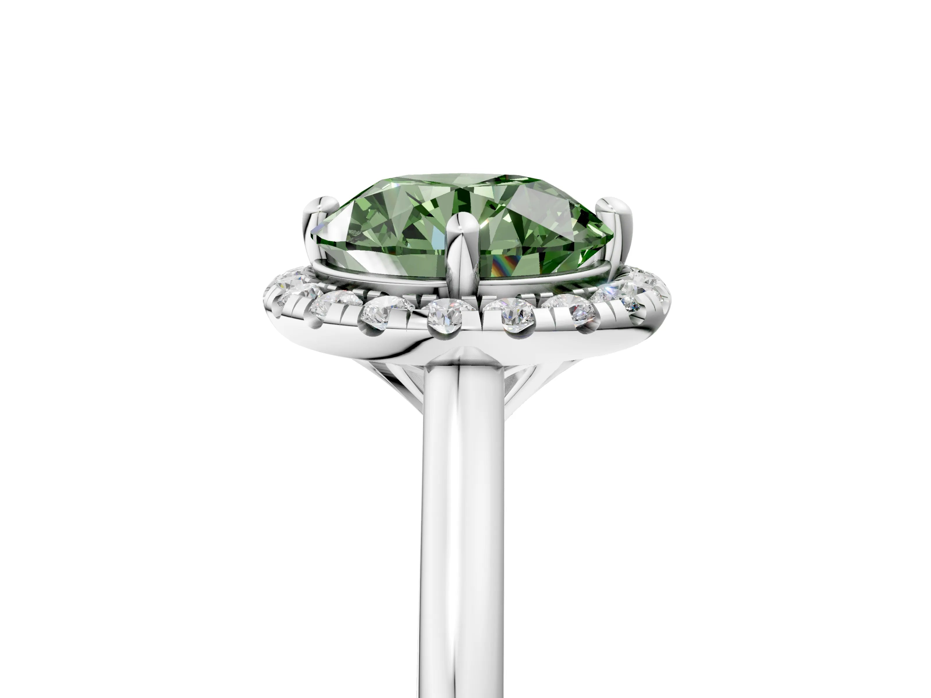 White gold Fancy Green Round Cut Halo Round Diamond Solitaire Engagement Ring with Pave Band and Four-Prong Setting_29
