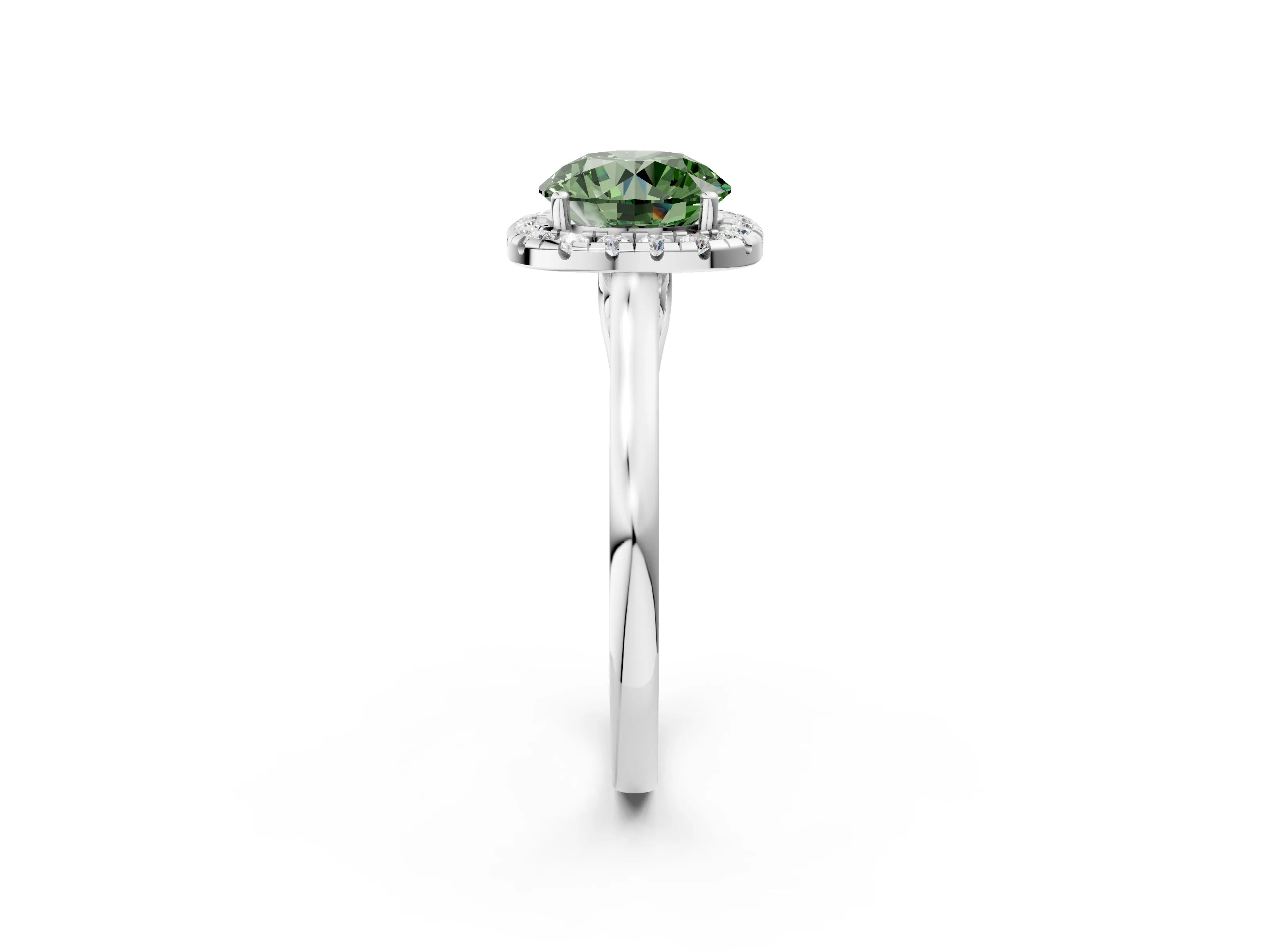 White gold Fancy Green Round Cut Halo Round Diamond Solitaire Ring with Pavé Band and Four-Prong Setting_14