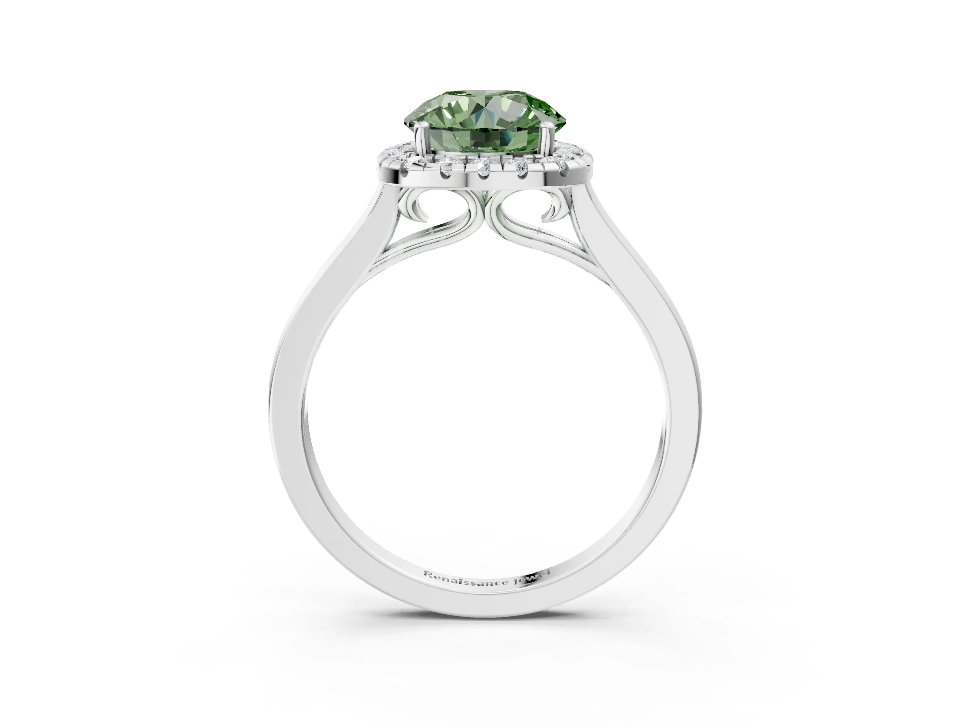 White gold Fancy Green Round Cut Halo Round Diamond Solitaire Ring with Pavé Band and Four-Prong Setting_15
