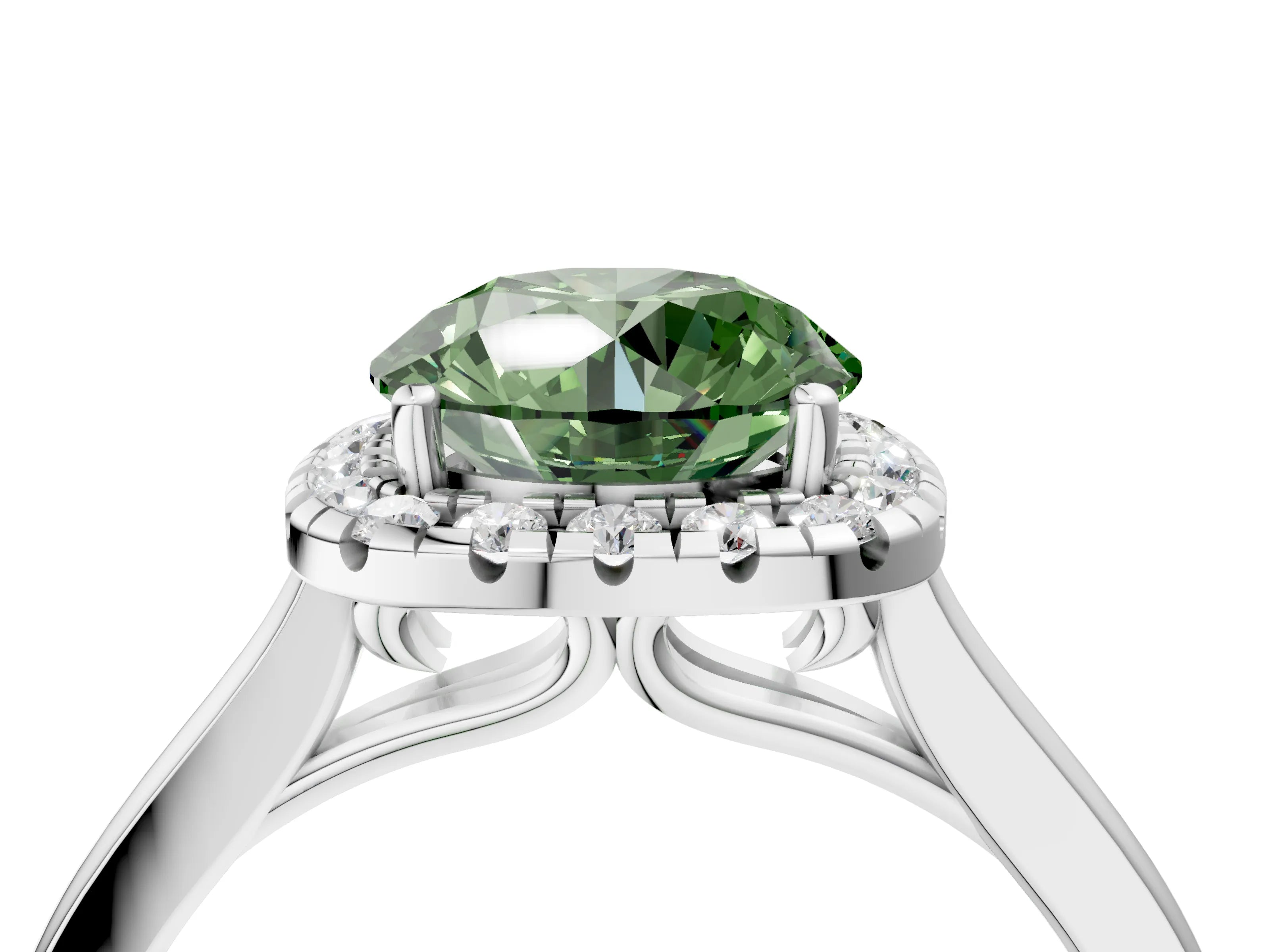White gold Fancy Green Round Cut Halo Round Diamond Solitaire Ring with Pavé Band and Four-Prong Setting_16