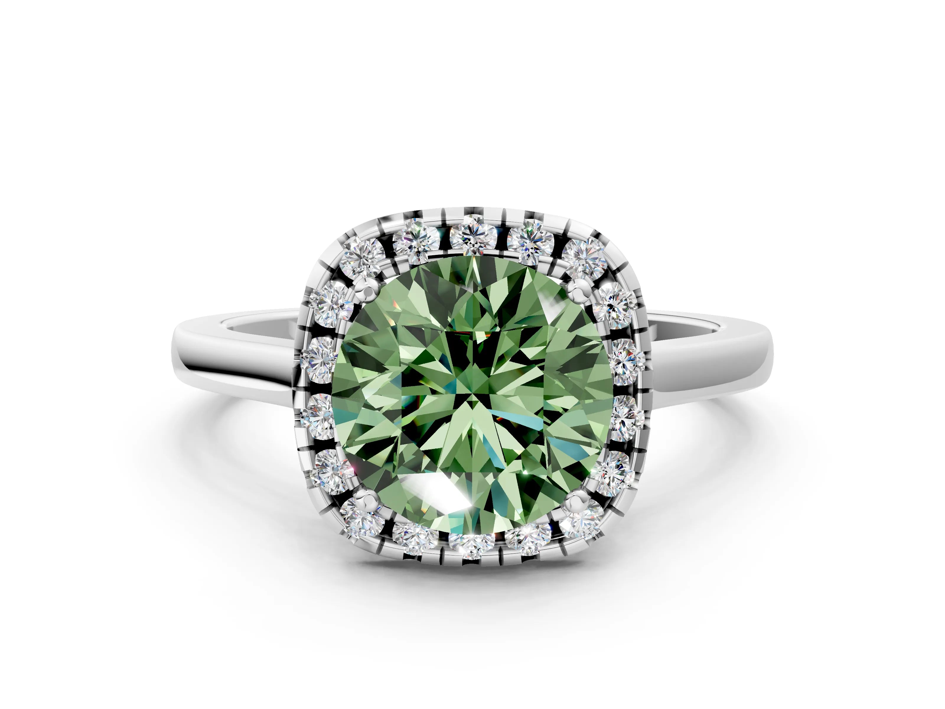 White gold Fancy Green Round Cut Halo Round Diamond Solitaire Ring with Pavé Band and Four-Prong Setting_18