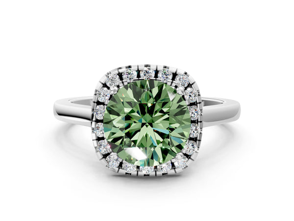 White gold Fancy Green Round Cut Halo Round Diamond Solitaire Ring with Pavé Band and Four-Prong Setting