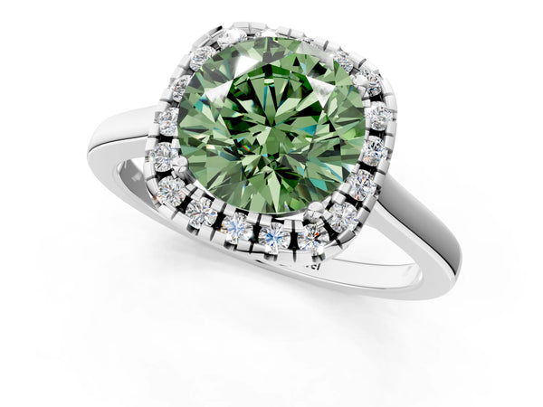 White gold Fancy Green Round Cut Halo Round Diamond Solitaire Ring with Pavé Band and Four-Prong Setting