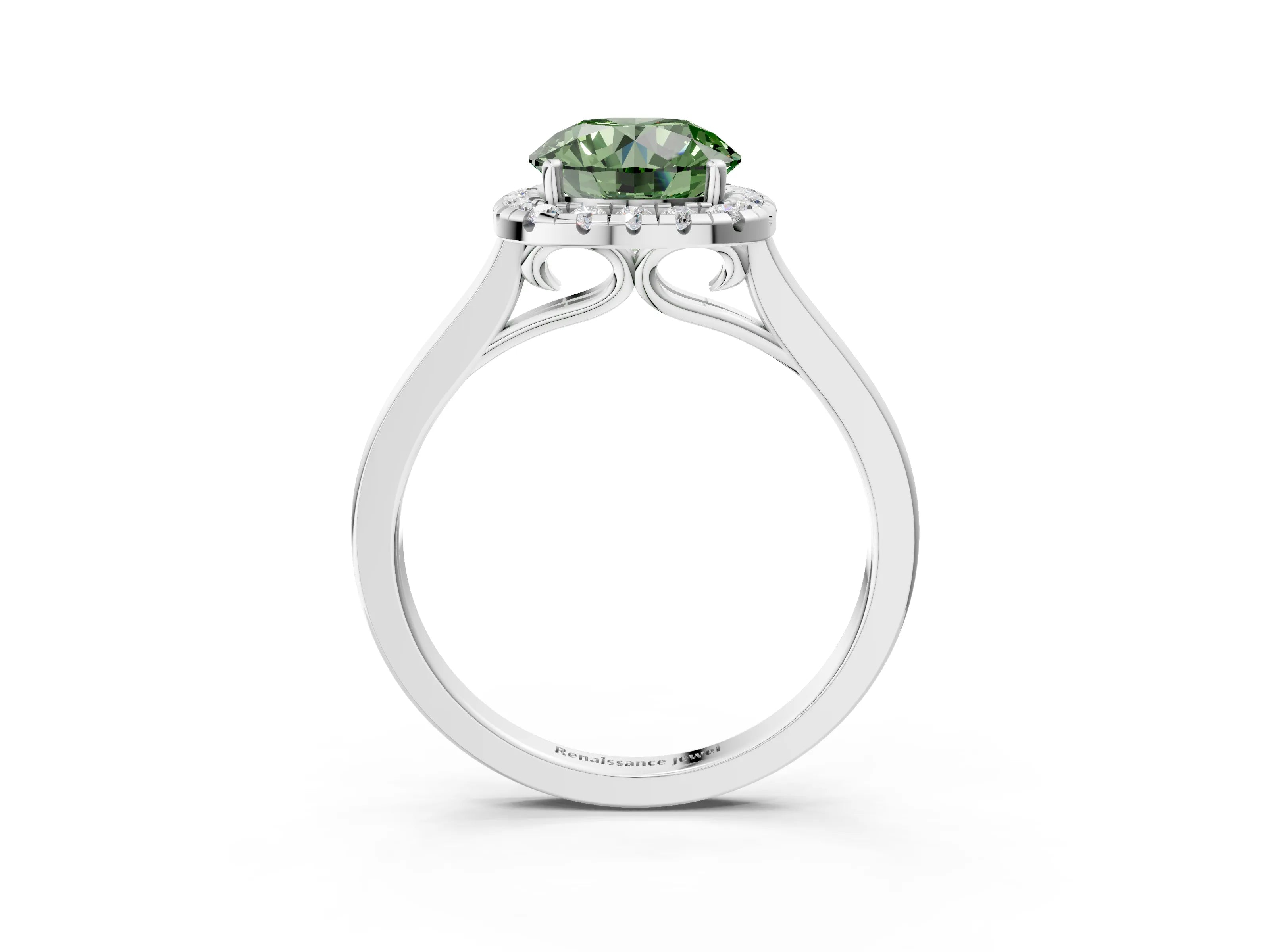 White gold Fancy Green Round Cut Halo Round Diamond Solitaire Ring with Pavé Band and Four-Prong Setting_27