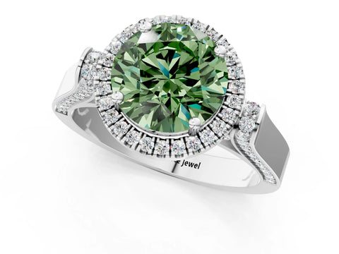White gold Fancy Green Round Cut Halo Round Diamond Twist Band with Four-Prong Setting_1