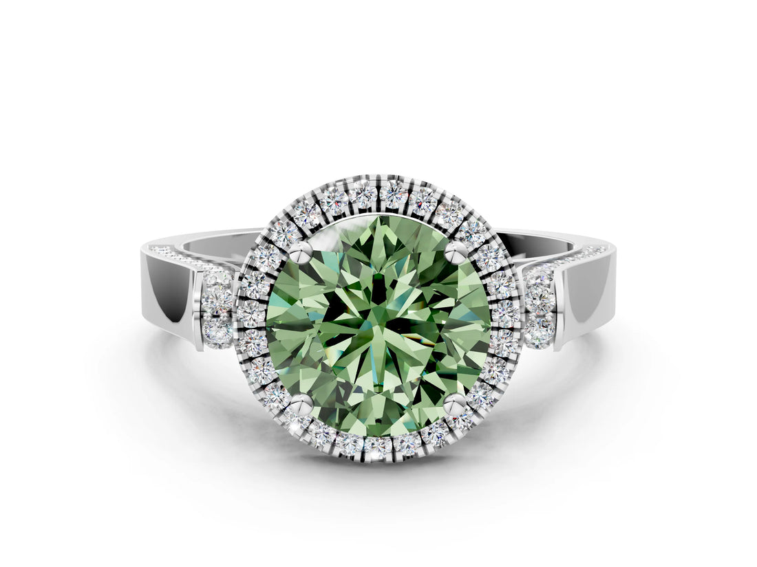 White gold Fancy Green Round Cut Halo Round Diamond Twist Band with Four-Prong Setting_24