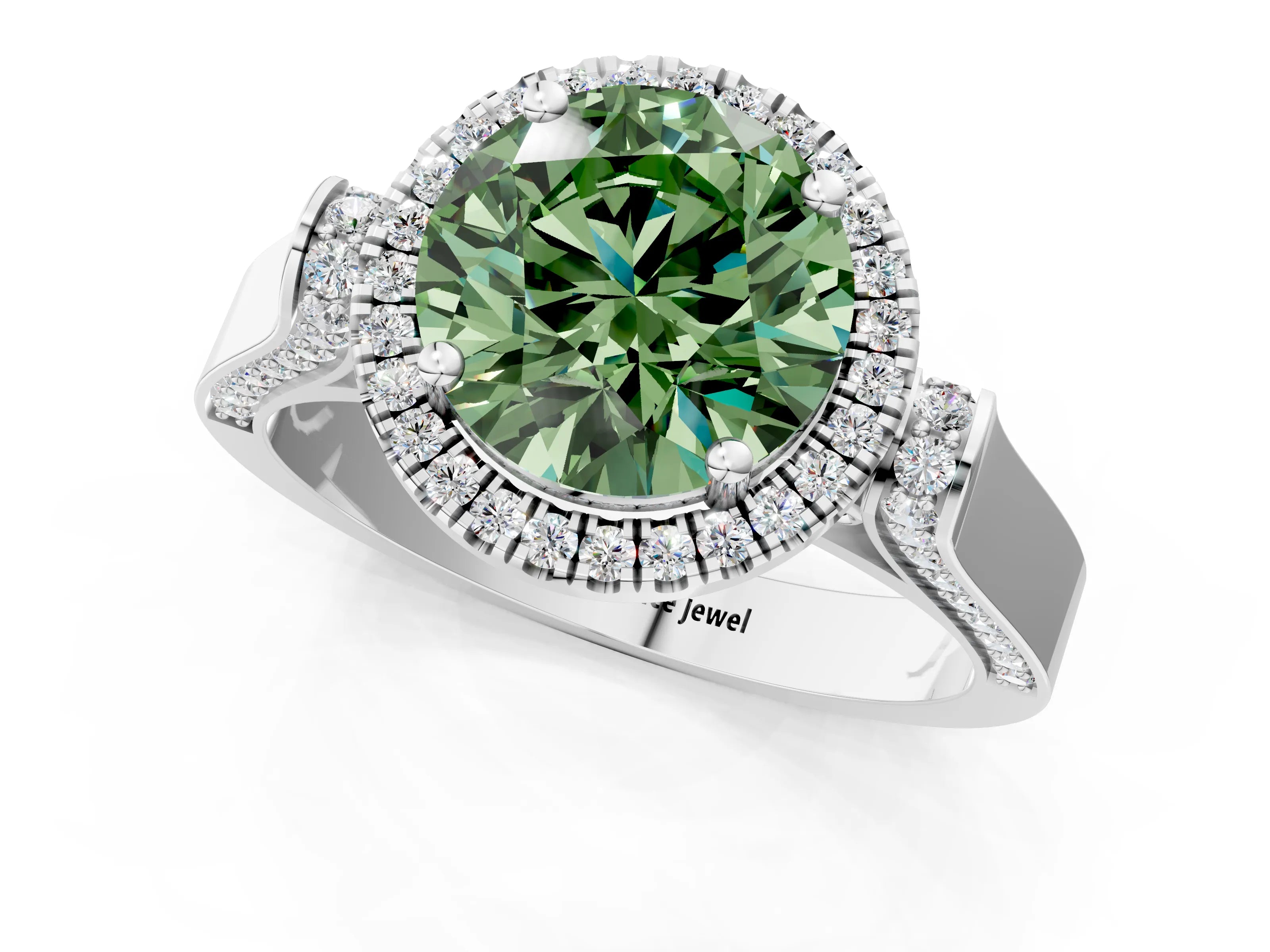 White gold Fancy Green Round Cut Halo Round Diamond Twist Band with Four-Prong Setting_25