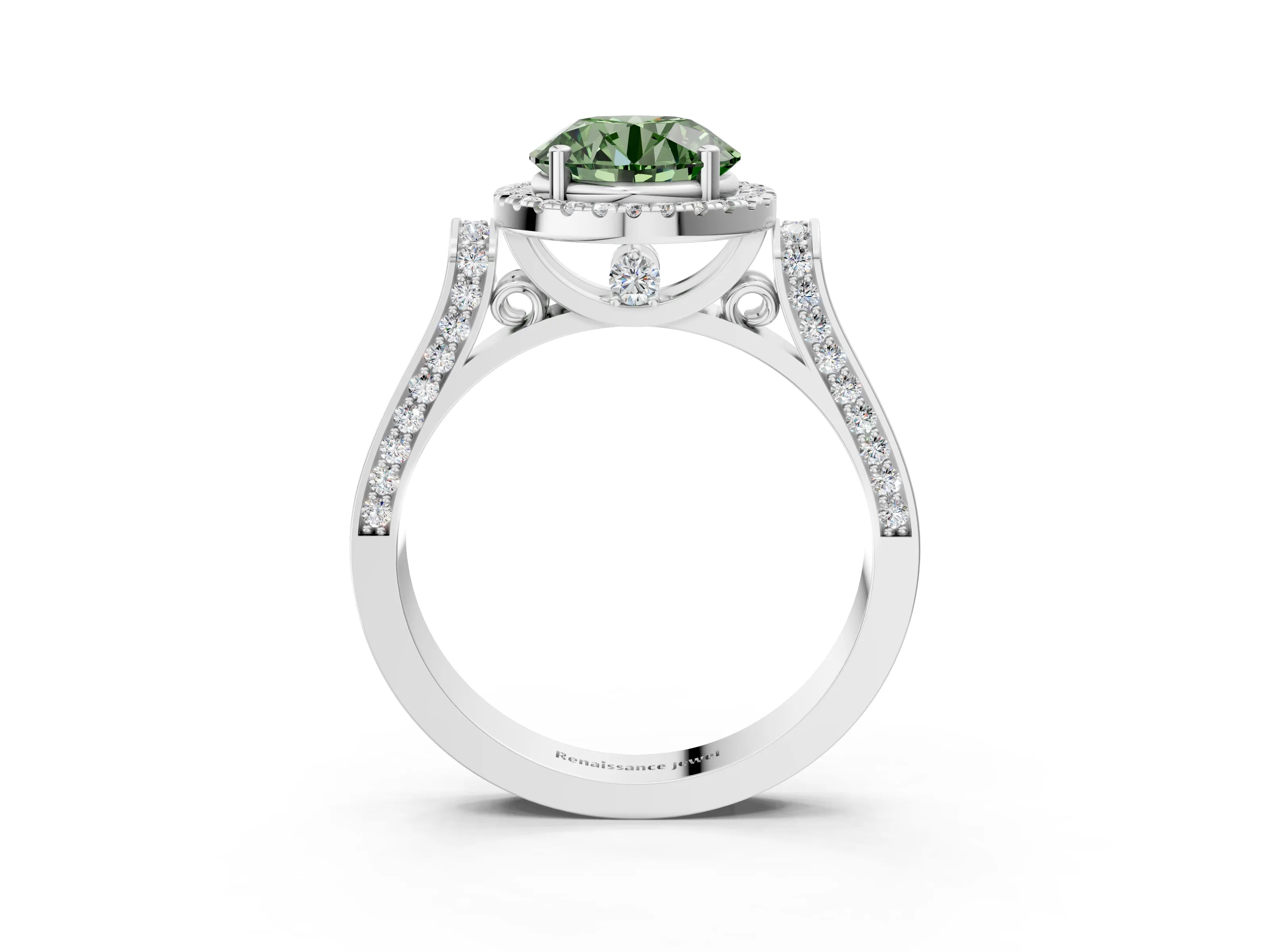 White gold Fancy Green Round Cut Halo Round Diamond Twist Band with Four-Prong Setting_27